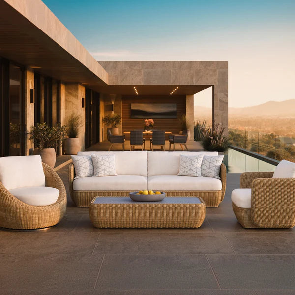 Coastal Woven Outdoor Sofa 94" Natural Rattan & Cream Cushions, Patio Seating