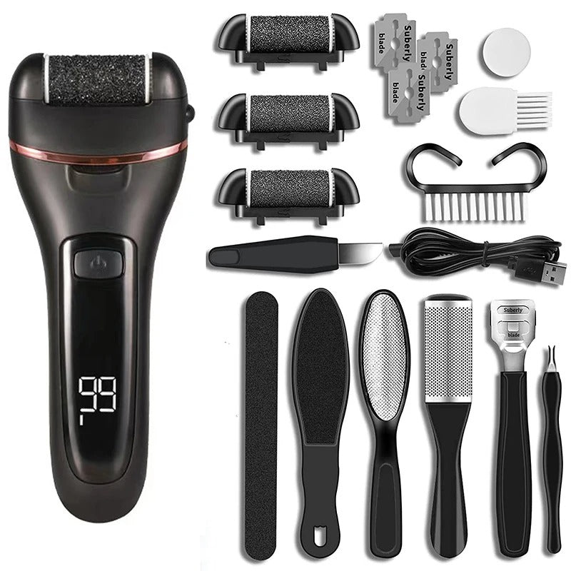 Electric Foot File with Dual Speed Quartz Rollers and LED Light, 16-Piece Pedi Kit