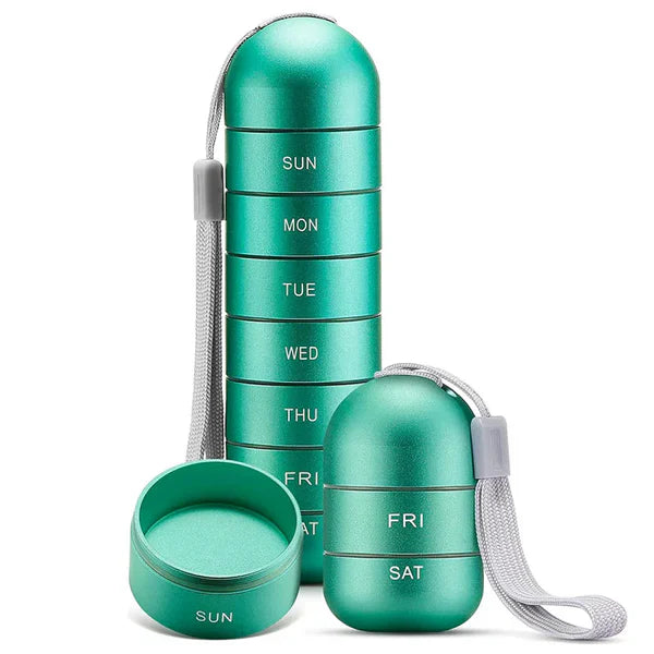 Portable Aluminum Pill Case with Seven Day Compartments and Waterproof Seals