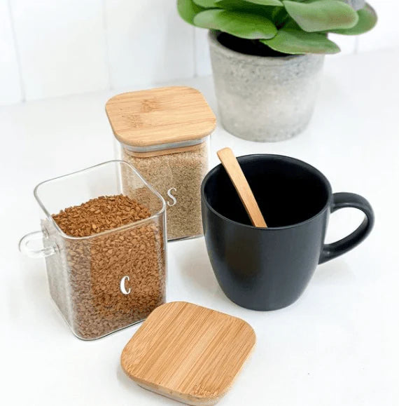 Modern Bamboo Glass Storage Jar Set 3-Piece with Tray & Spoon 17 oz Each, Kitchen Accessories