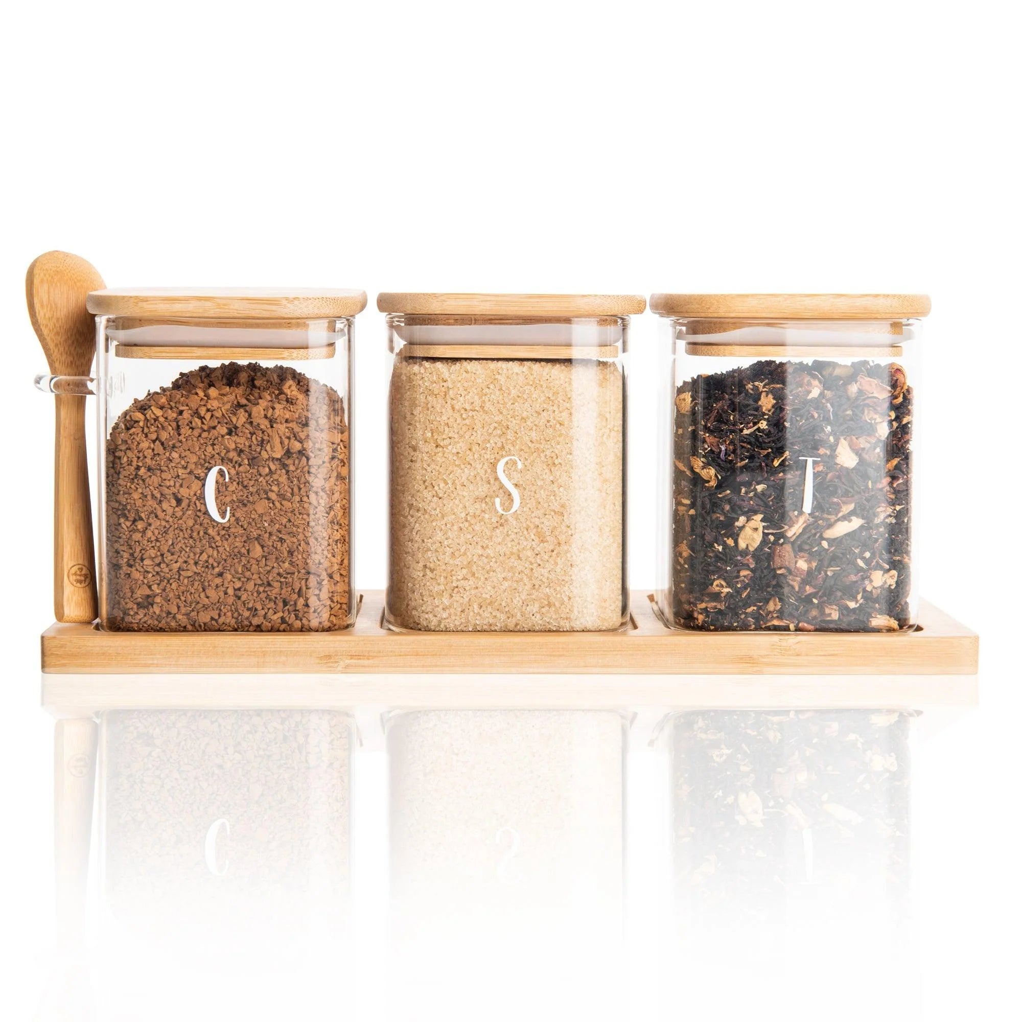 Modern Bamboo Glass Storage Jar Set 3-Piece with Tray & Spoon 17 oz Each, Kitchen Accessories