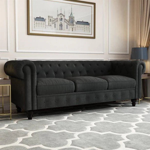 UrbanElegance Chesterfield Velvet Sofa Dark Gray with Tufted Back, 3-Seater Living Room Sofas