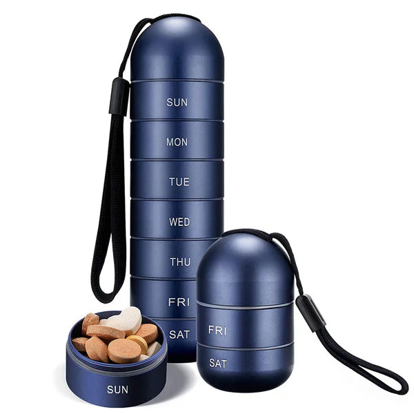 Portable Aluminum Pill Case with Seven Day Compartments and Waterproof Seals