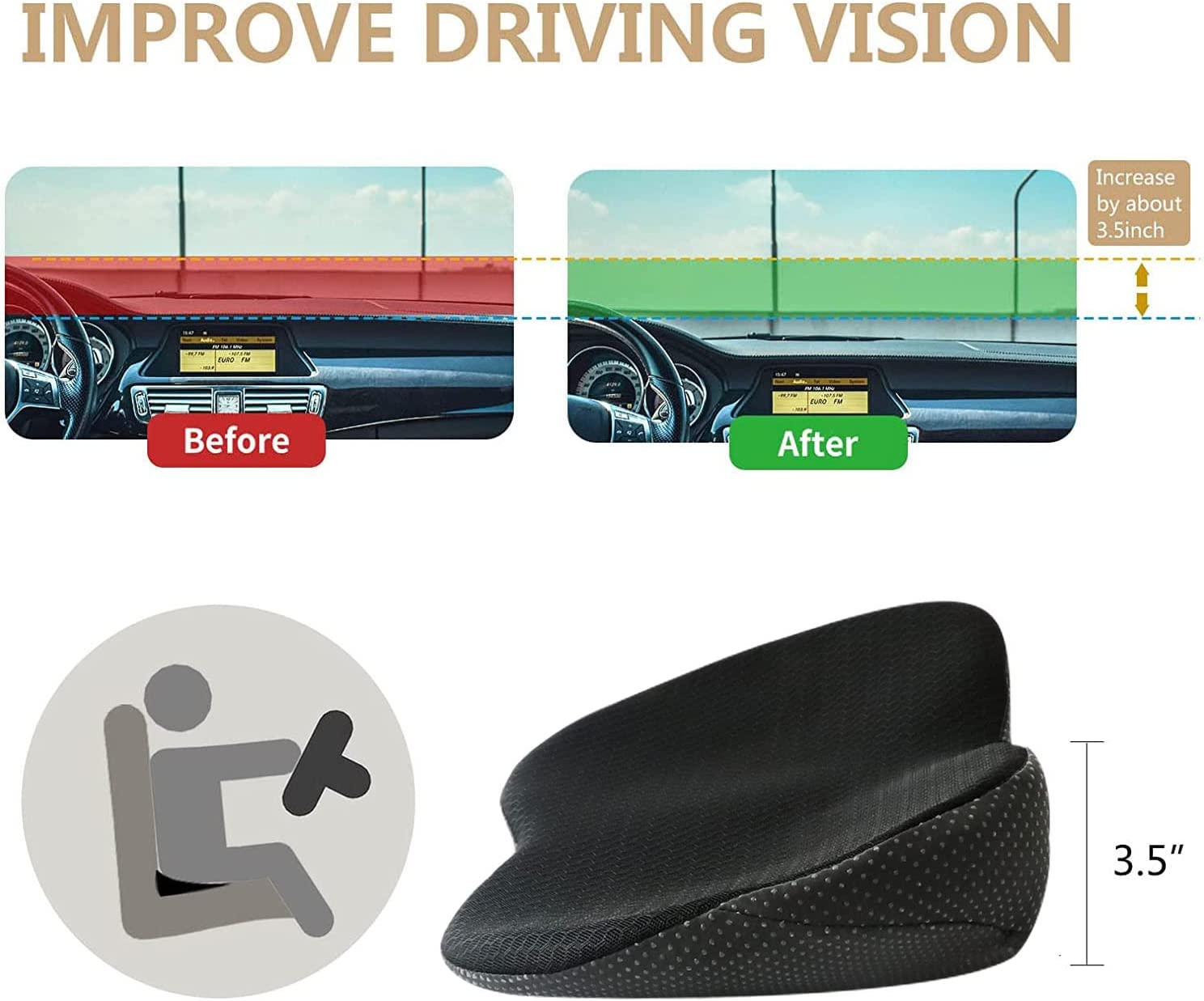 Memory Foam Car Seat Cushion with 3.5 Inch Lift and Lumbar Support, Washable Cover