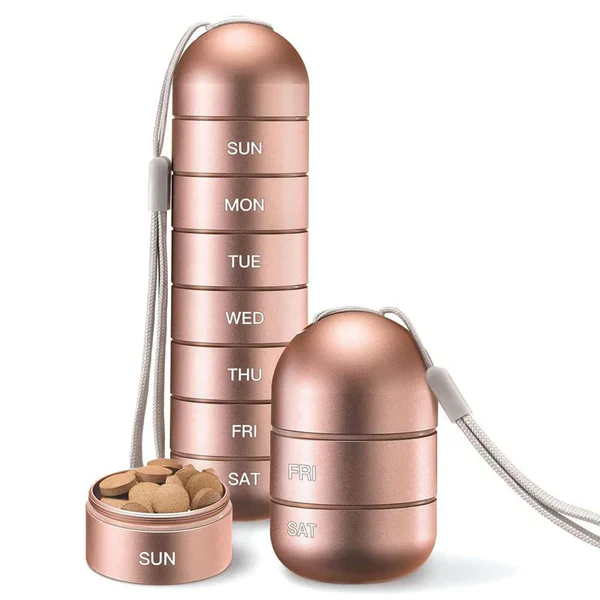 Weekly Pill Organizer with Aluminum Alloy Body and Silicone Moisture Seal