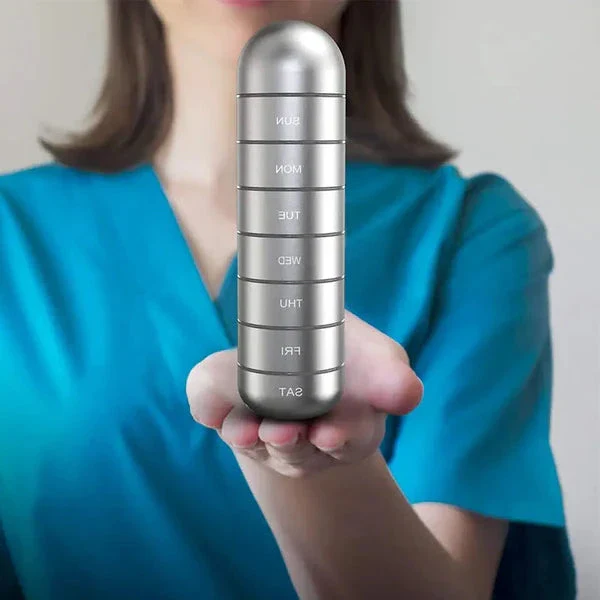 Weekly Pill Organizer with Aluminum Alloy Body and Silicone Moisture Seal