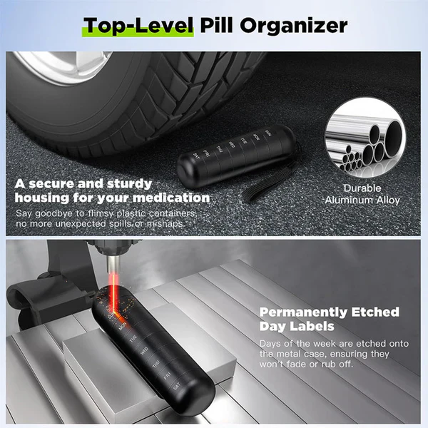 Weekly Pill Organizer with Aluminum Alloy Body and Silicone Moisture Seal