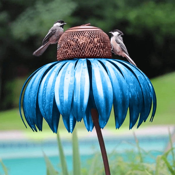 Metal Coneflower Bird Feeder with Wide Dish and Weather Resistant Design