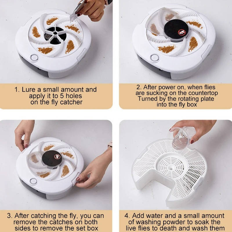 Automatic Fly Trap with Rotating Arm and Removable Collection Tray, USB Rechargeable