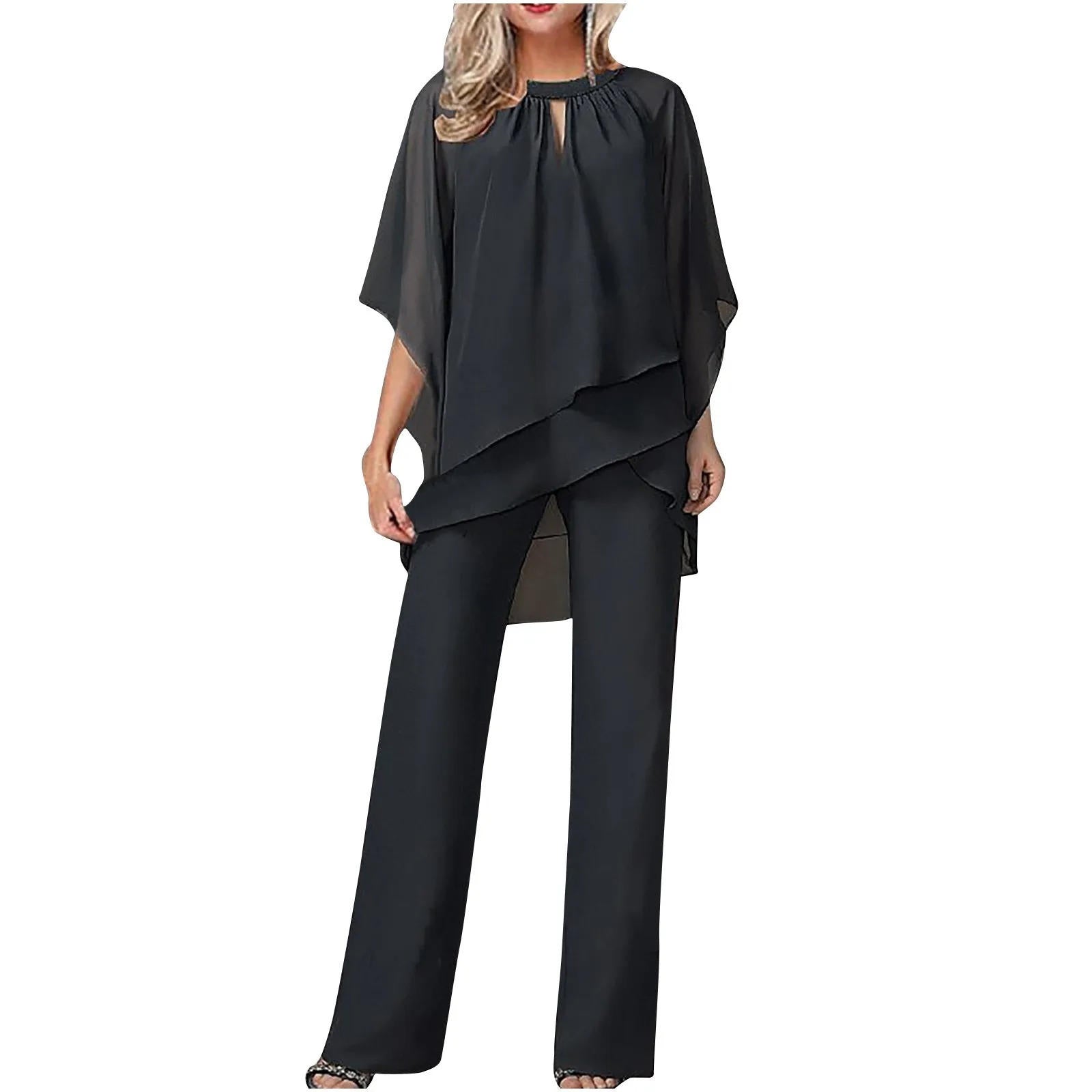 Chiffon Pantsuit with Wing Shaped Sleeves and Relaxed Fit, Machine Washable