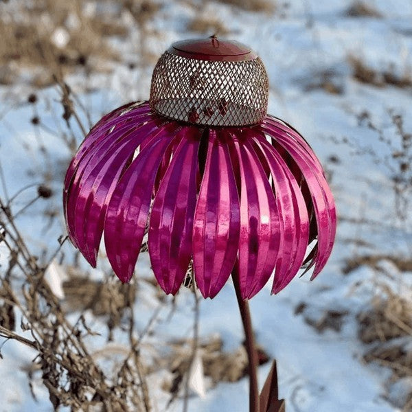 Metal Coneflower Bird Feeder with Wide Dish and Weather Resistant Design