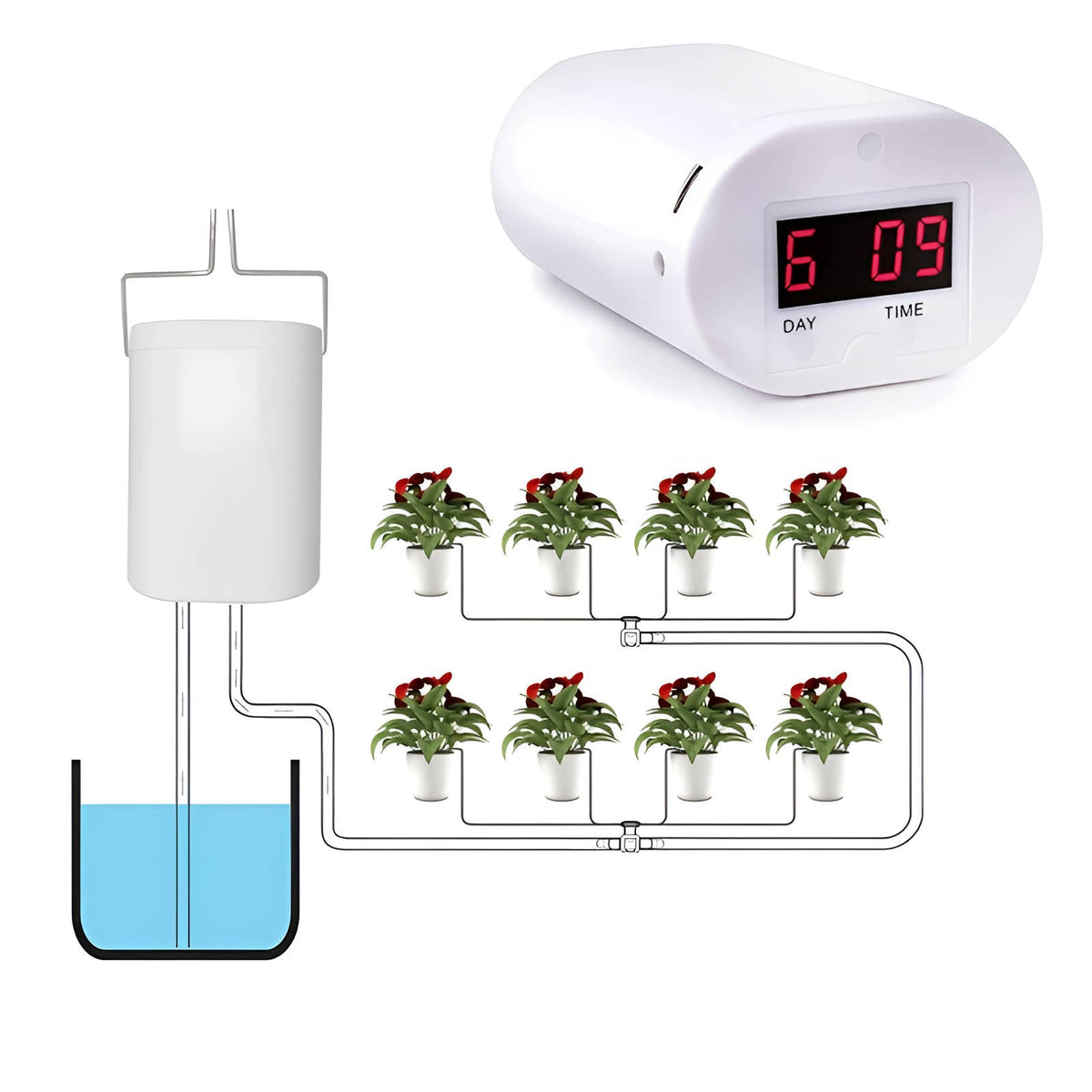 Plant Watering System with LCD Timer and Rechargeable Battery for Indoor Gardens