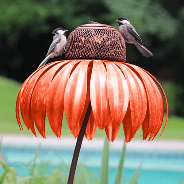 Metal Coneflower Bird Feeder with Wide Dish and Weather Resistant Design