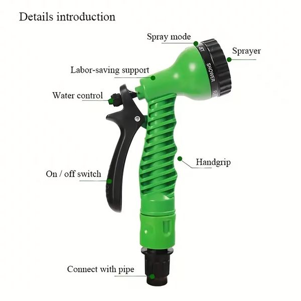 Expandable Garden Hose with Multi-Pattern Nozzle and Brass Connectors