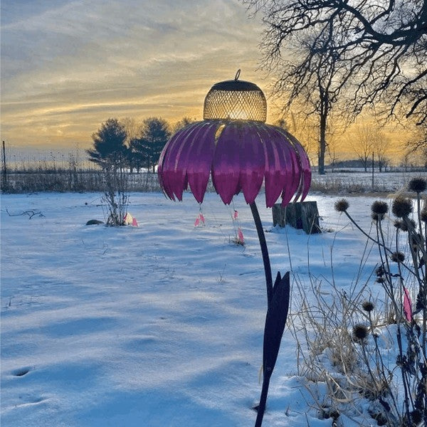 Metal Coneflower Bird Feeder with Wide Dish and Weather Resistant Design