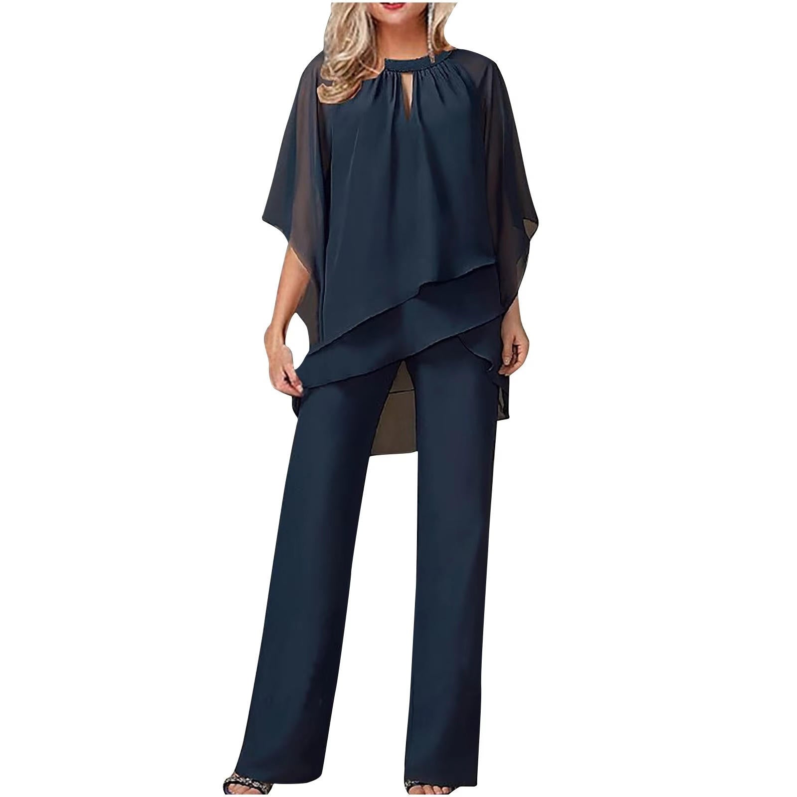 Chiffon Pantsuit with Wing Shaped Sleeves and Relaxed Fit, Machine Washable