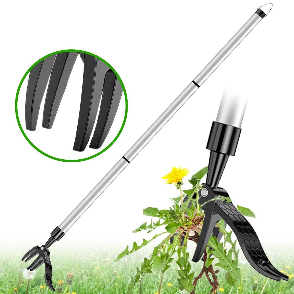 Weed Puller with Four Steel Claws and Bamboo Handle for Standing Yard Work