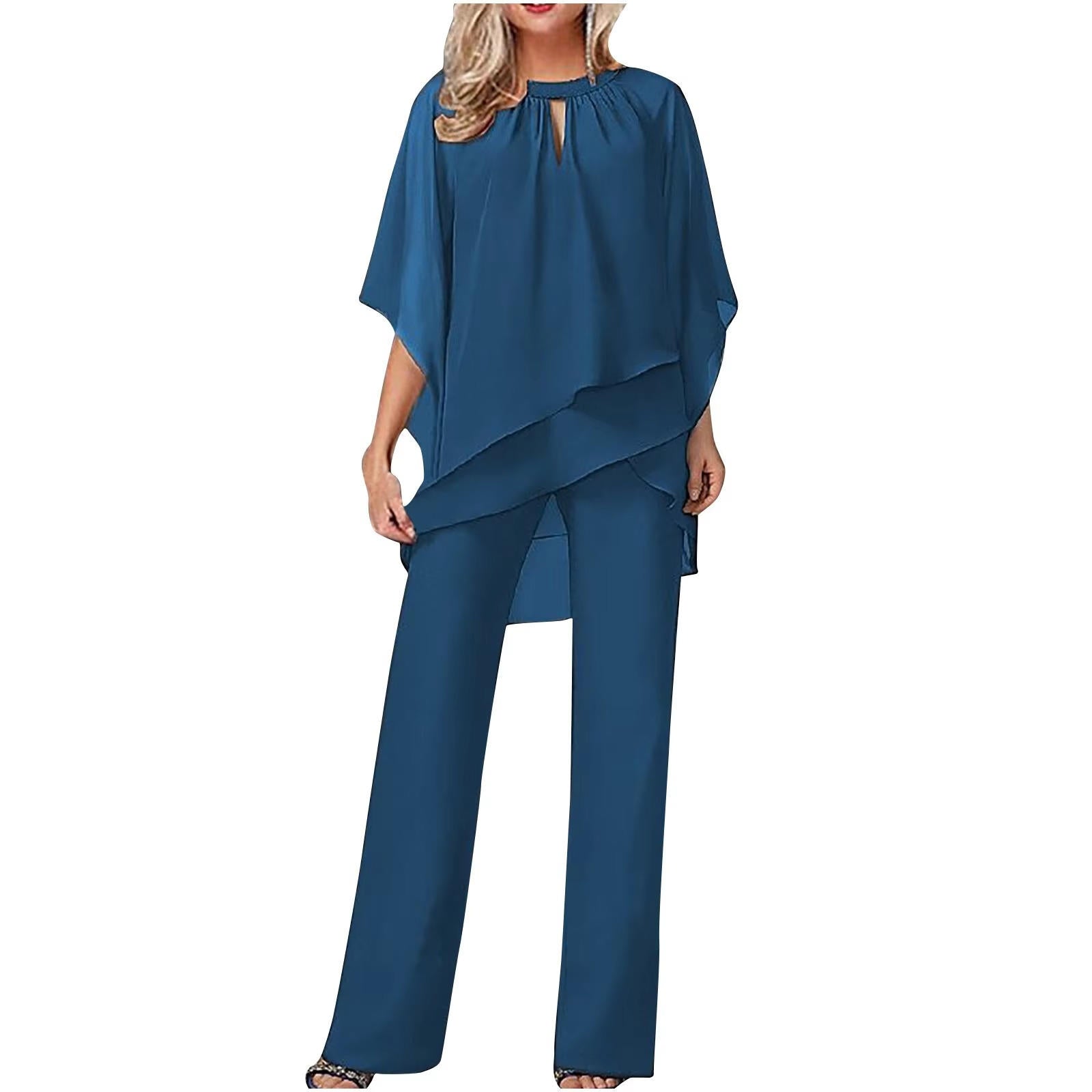 Chiffon Pantsuit with Wing Shaped Sleeves and Relaxed Fit, Machine Washable
