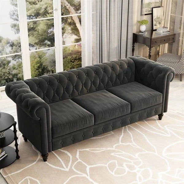 UrbanElegance Chesterfield Velvet Sofa Dark Gray with Tufted Back, 3-Seater Living Room Sofas