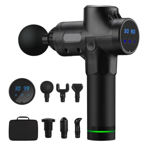Handheld Percussion Massage Gun with Six Interchangeable Heads and Touchscreen Display
