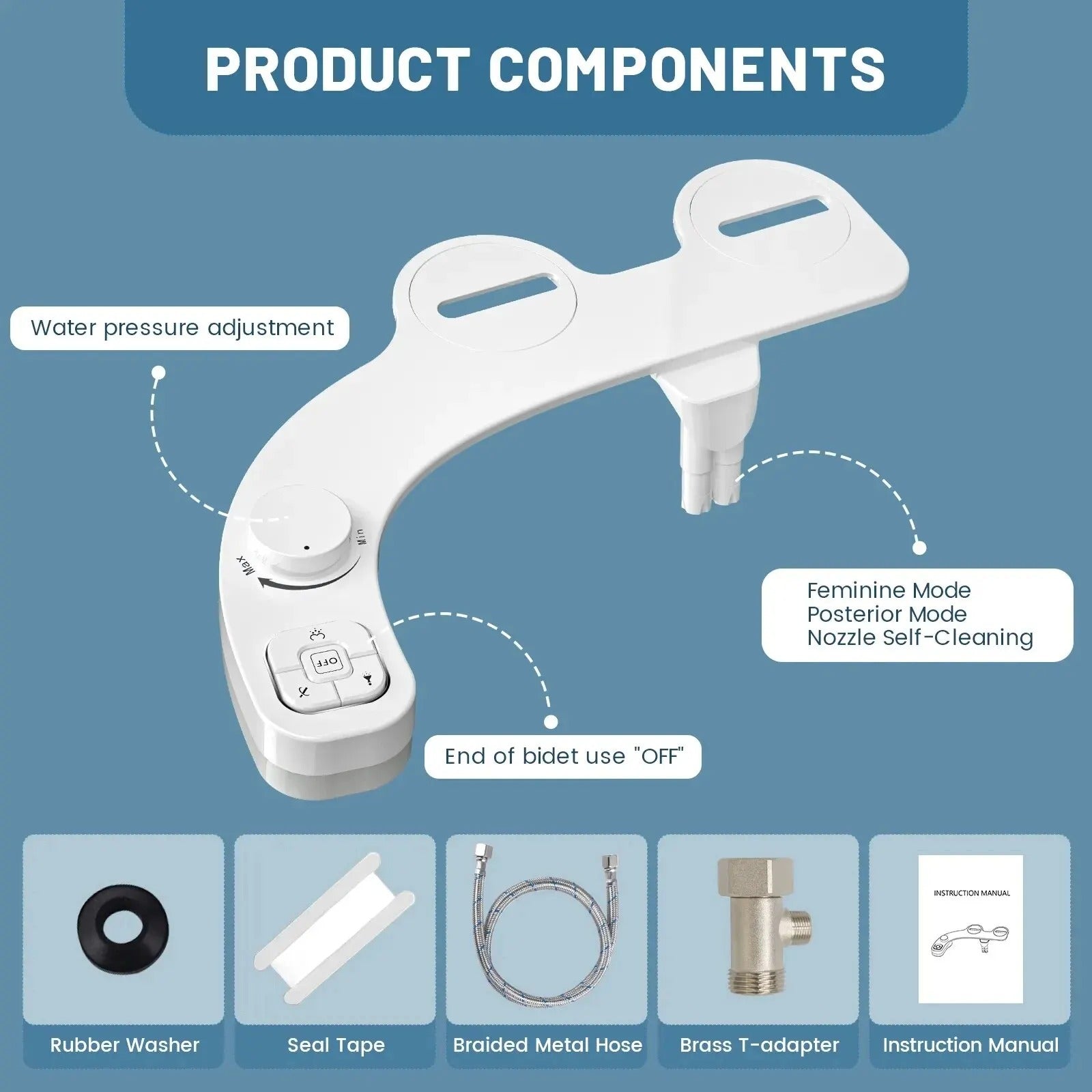 Dual Nozzle Bidet Attachment with Adjustable Pressure and Self Cleaning