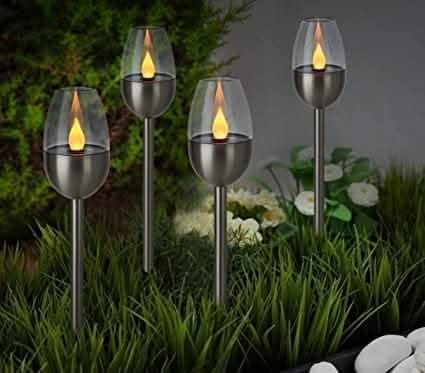 EmberGlow Solar Flame Torch Stake Lights 12" Stainless Steel 4-Pack, Outdoor Garden Lighting