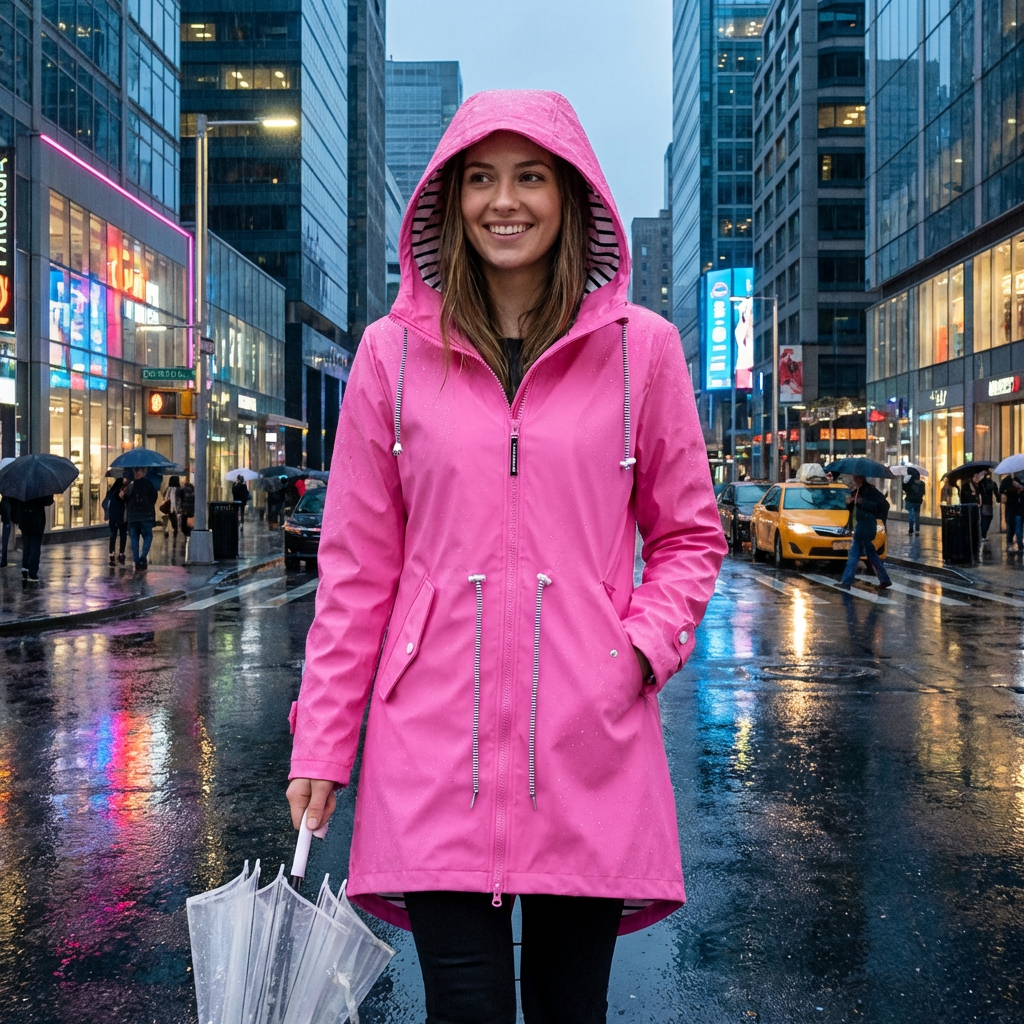 Women's Long Hooded Rain Jacket with Adjustable Hood and Breathable Waterproof Fabric