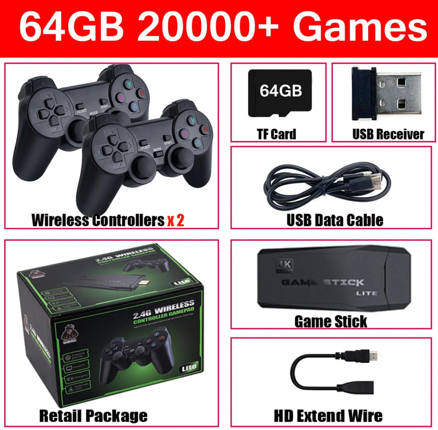 Retro Game Console with 64GB Storage and Wireless Controllers for TV