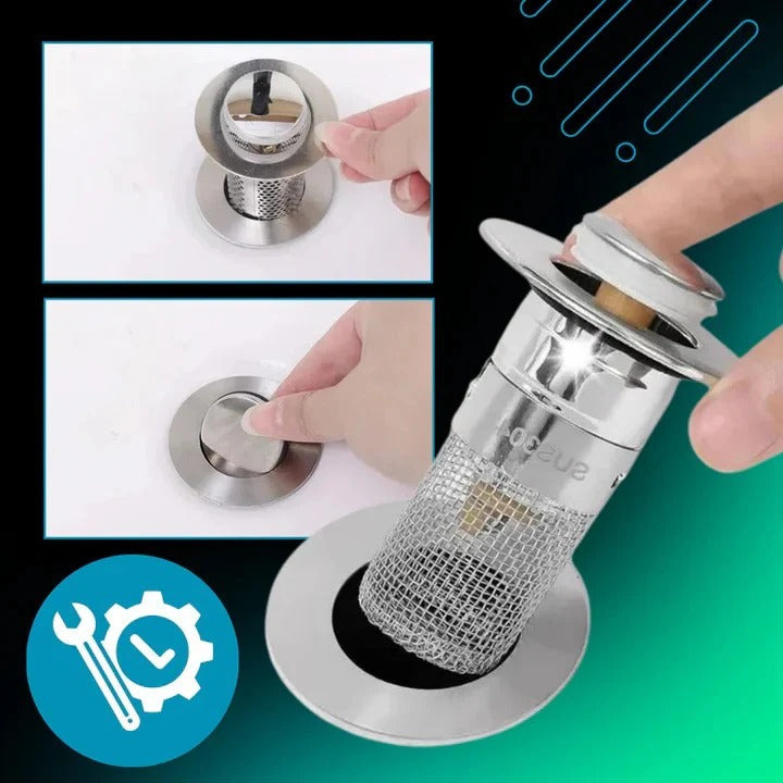 Pop Up Sink Stopper with Dual Layer Silicone Seal and Built-In Strainer Basket