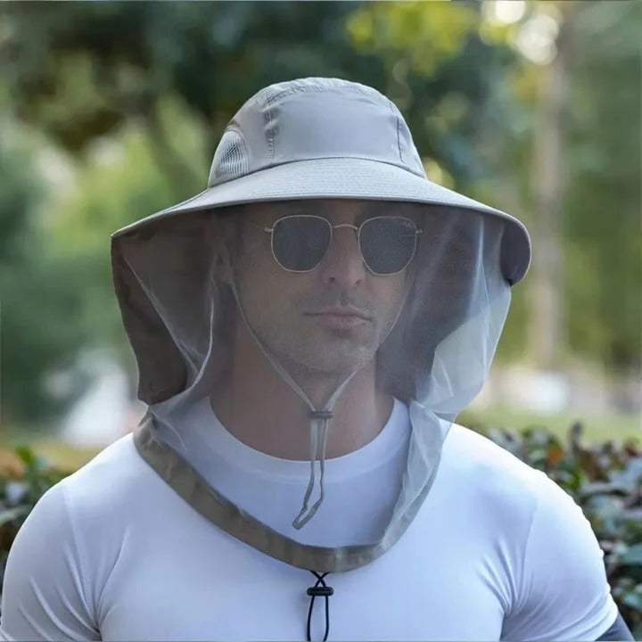 Wide Brim Outdoor Hat with Detachable Mask and Mesh Ventilation, Foldable Design