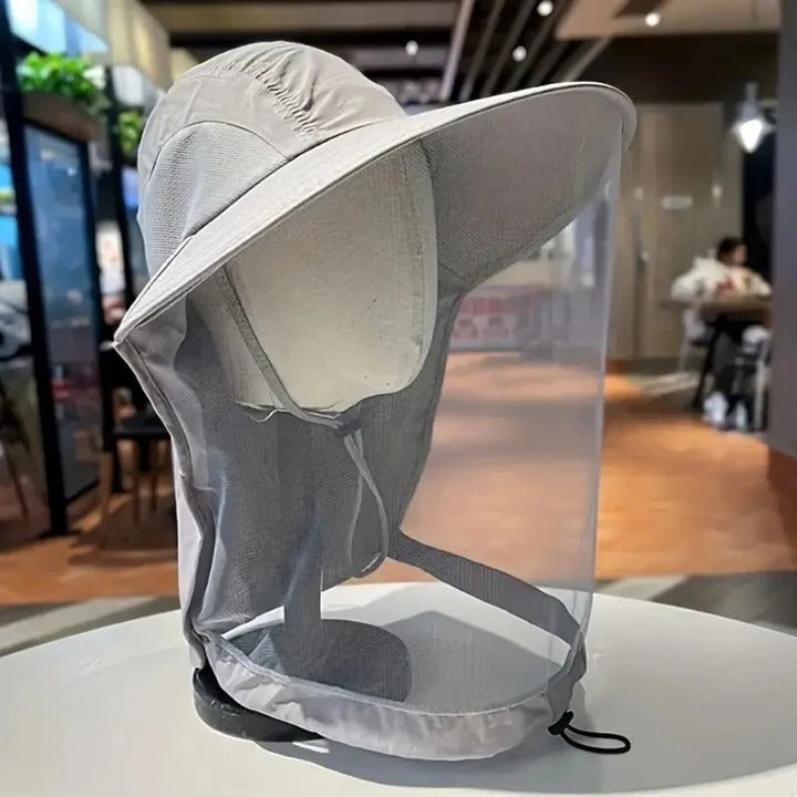 Wide Brim Outdoor Hat with Detachable Mask and Mesh Ventilation, Foldable Design
