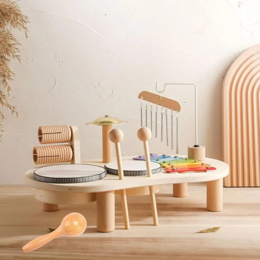 Wooden Drum Kit with 8-Note Xylophone and Brass Cymbal for Toddlers