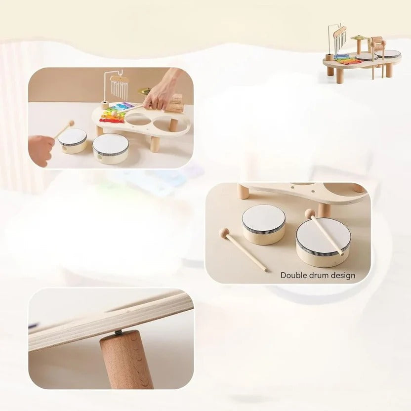 Wooden Drum Kit with 8-Note Xylophone and Brass Cymbal for Toddlers