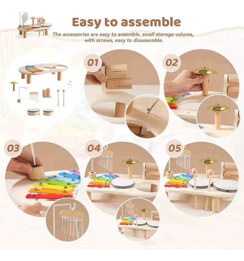 Wooden Drum Kit with 8-Note Xylophone and Brass Cymbal for Toddlers