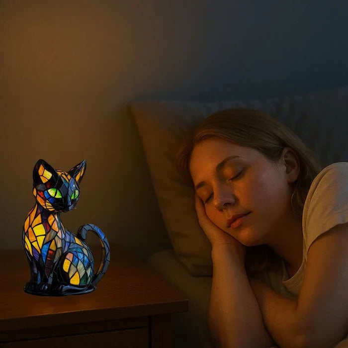 Decorative Cat Table Lamp with Stained Glass Design and LED Bulb