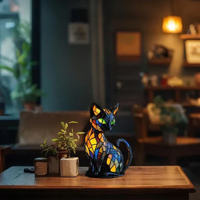 Decorative Cat Table Lamp with Stained Glass Design and LED Bulb