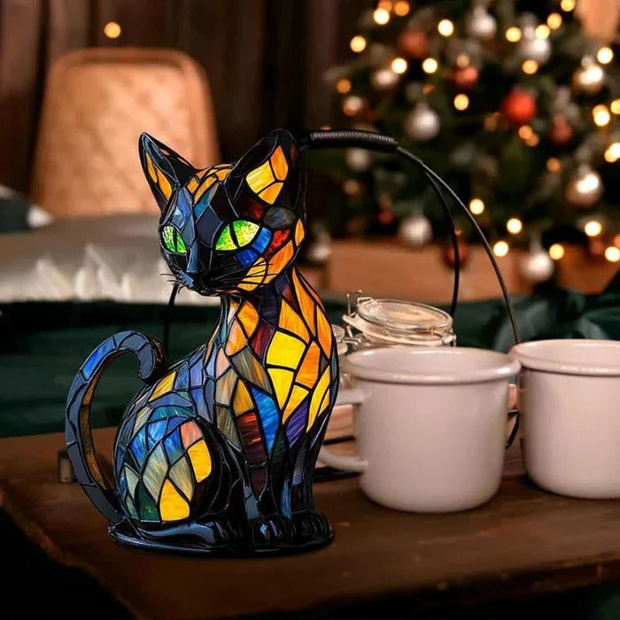 Decorative Cat Table Lamp with Stained Glass Design and LED Bulb