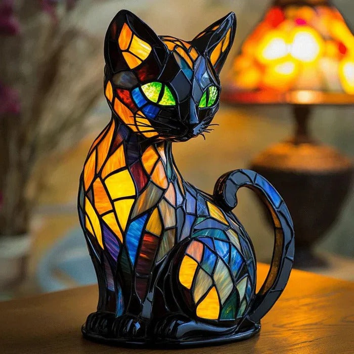 Decorative Cat Table Lamp with Stained Glass Design and LED Bulb