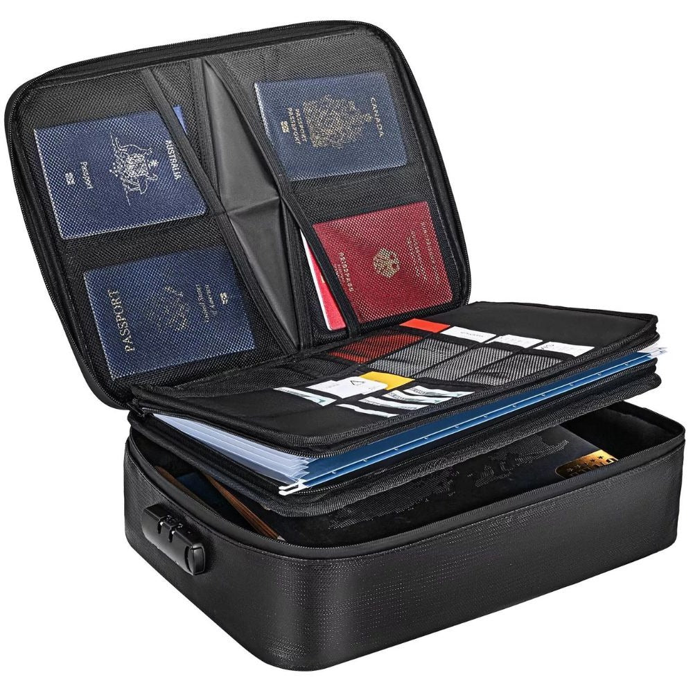 Fire and Water Resistant Document Bag with Lock and Triple Compartments