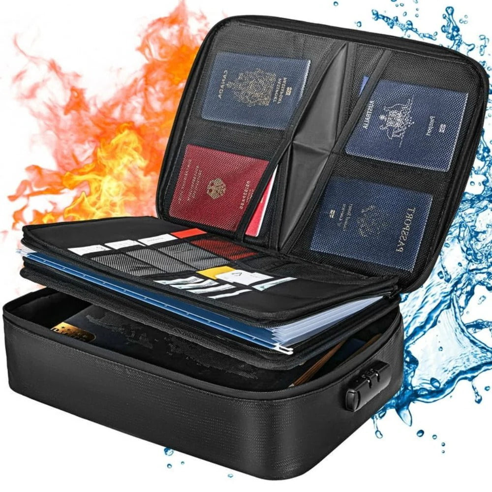 Fire and Water Resistant Document Bag with Lock and Triple Compartments