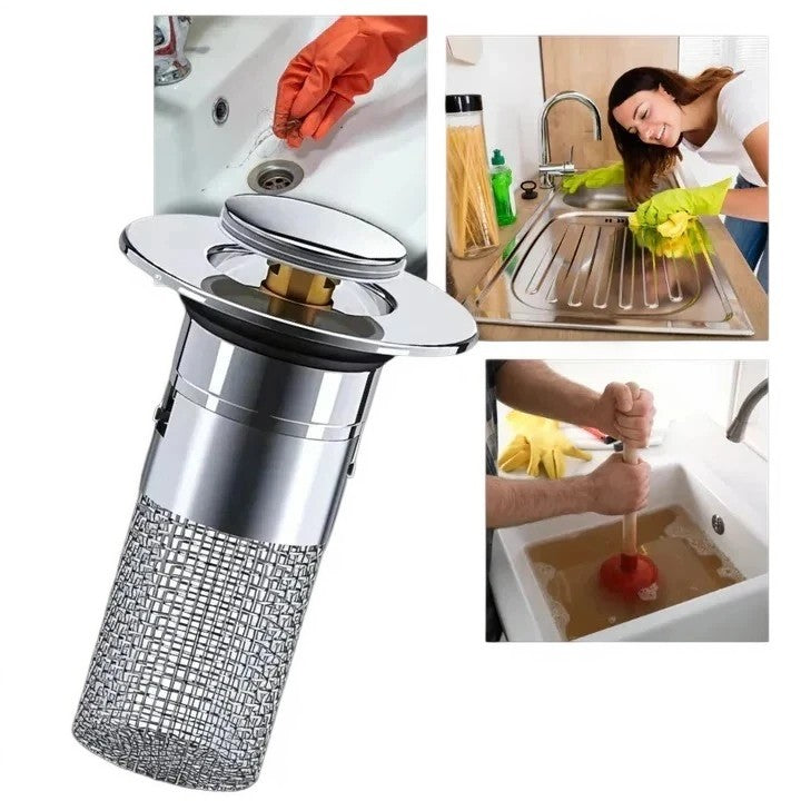 Pop Up Sink Stopper with Dual Layer Silicone Seal and Built-In Strainer Basket