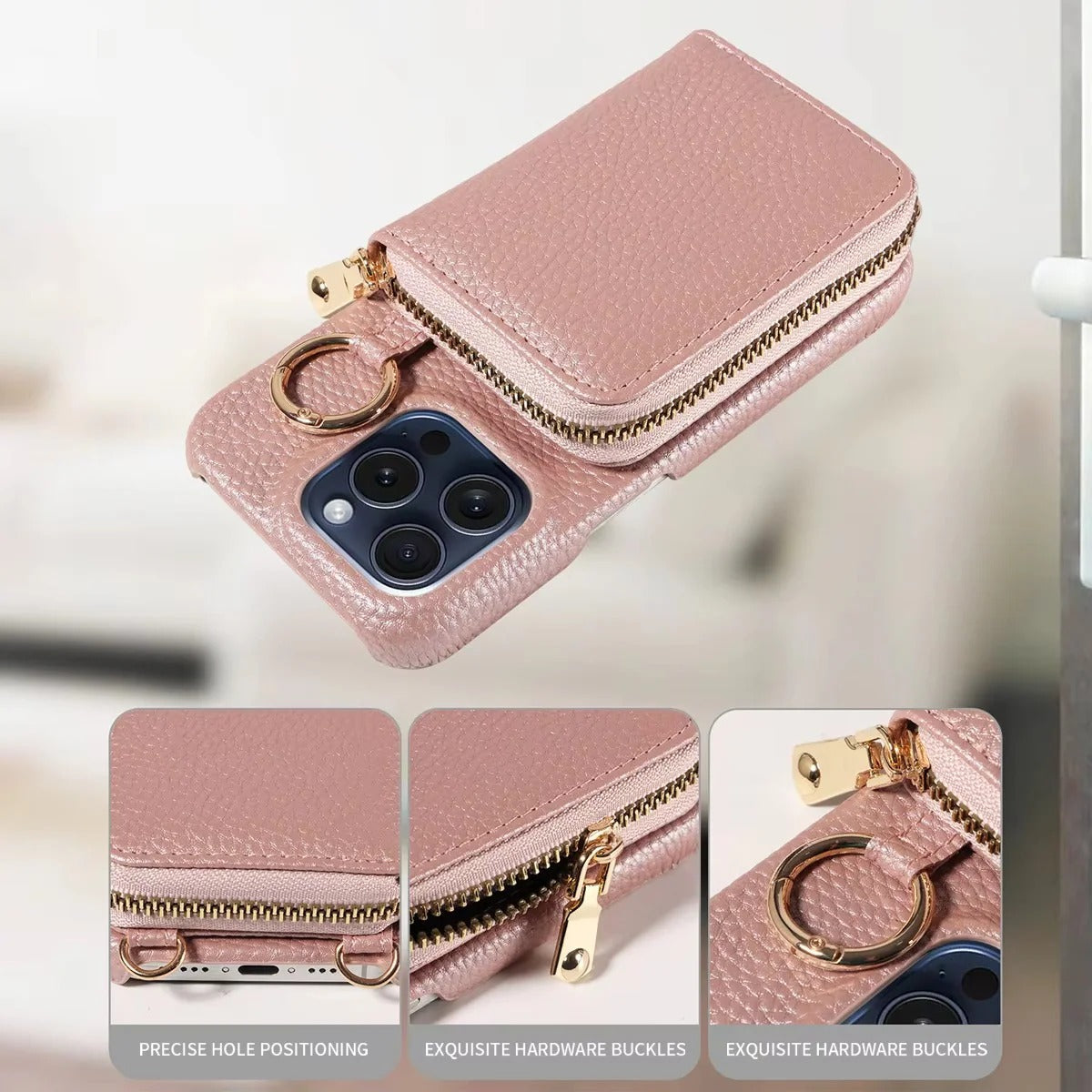Genuine Leather iPhone Case with Four Card Slots and Detachable Lanyard