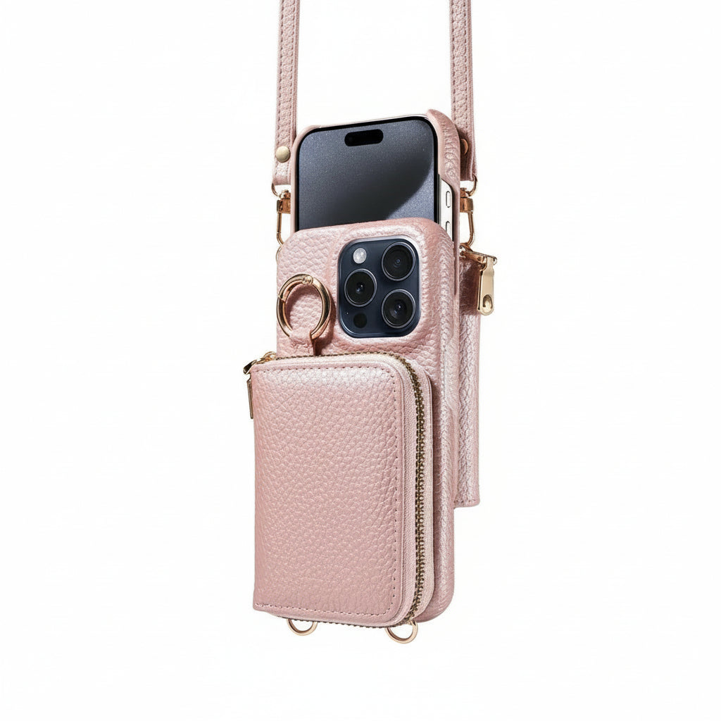 Genuine Leather iPhone Case with Four Card Slots and Detachable Lanyard