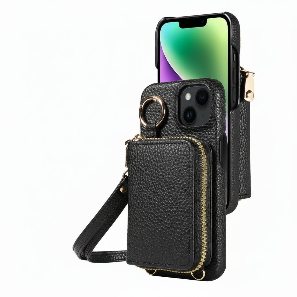 Genuine Leather iPhone Case with Four Card Slots and Detachable Lanyard