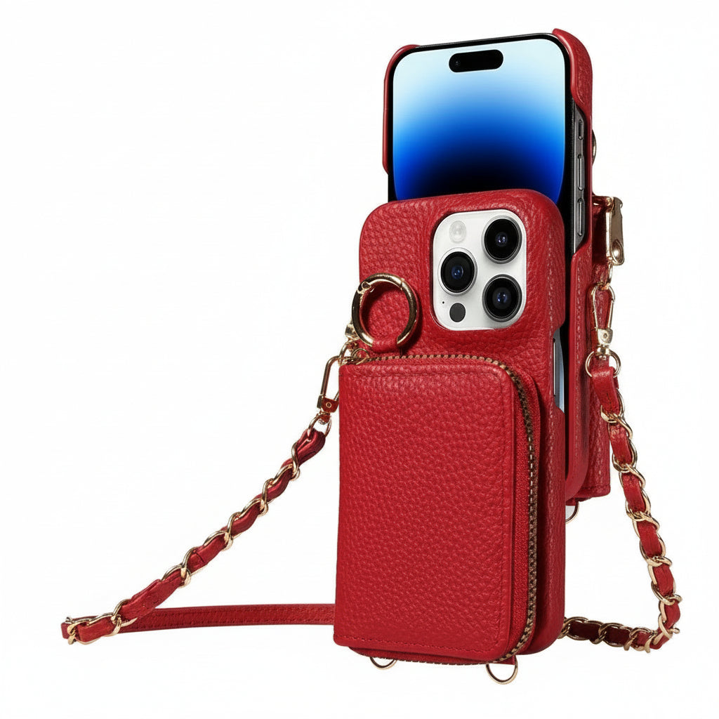 Genuine Leather iPhone Case with Four Card Slots and Detachable Lanyard