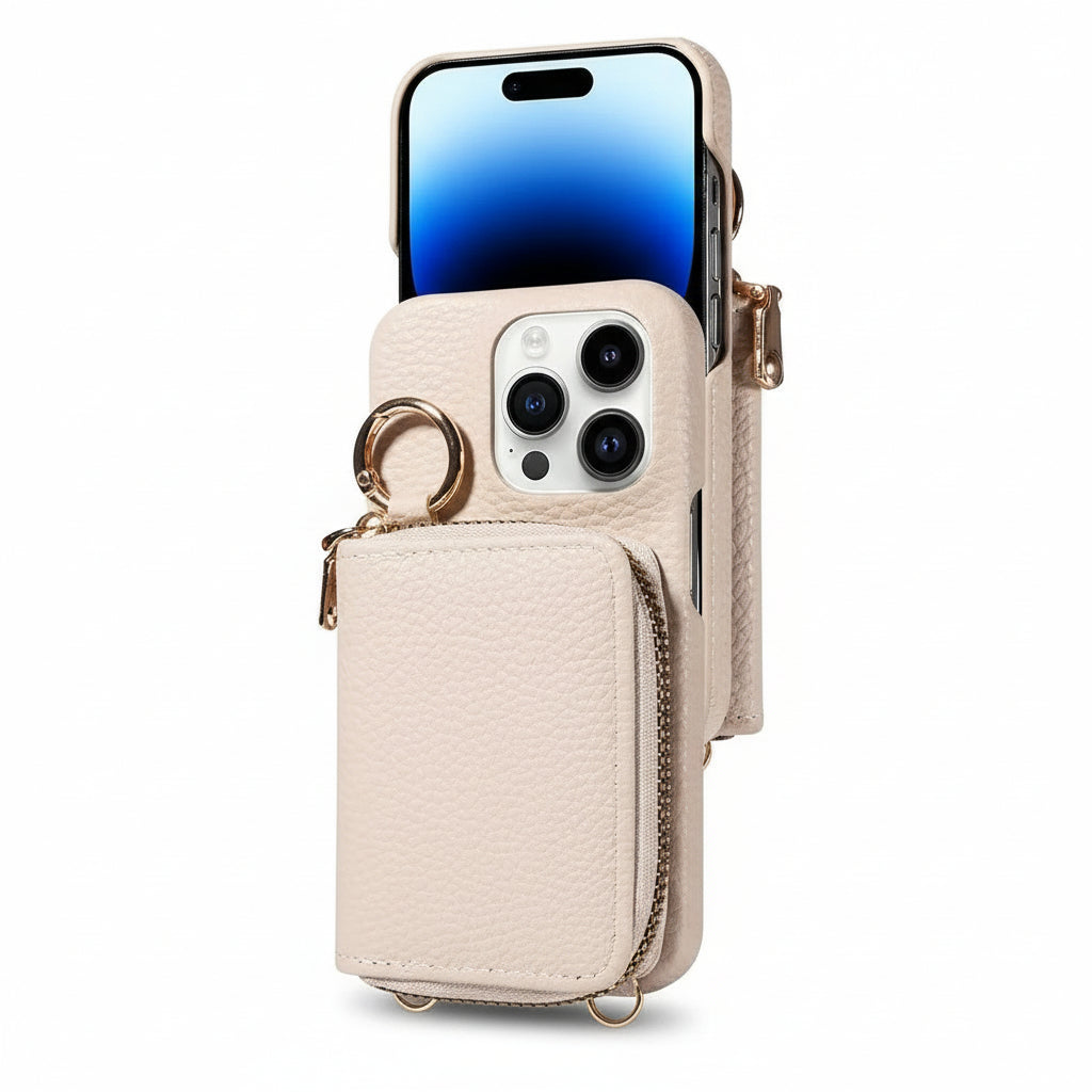 Genuine Leather iPhone Case with Four Card Slots and Detachable Lanyard