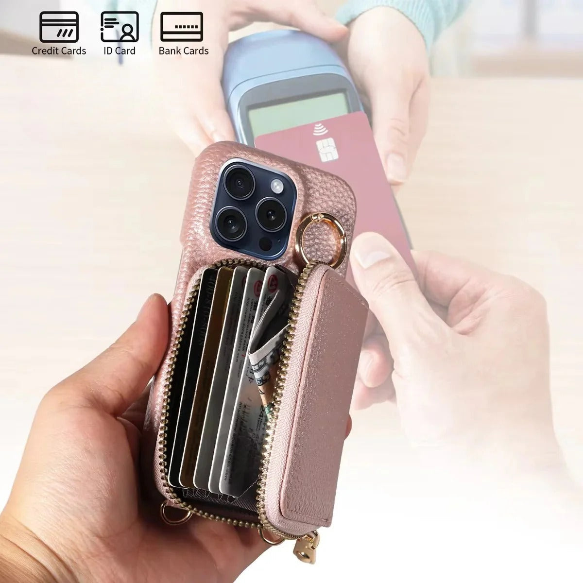 Genuine Leather iPhone Case with Four Card Slots and Detachable Lanyard