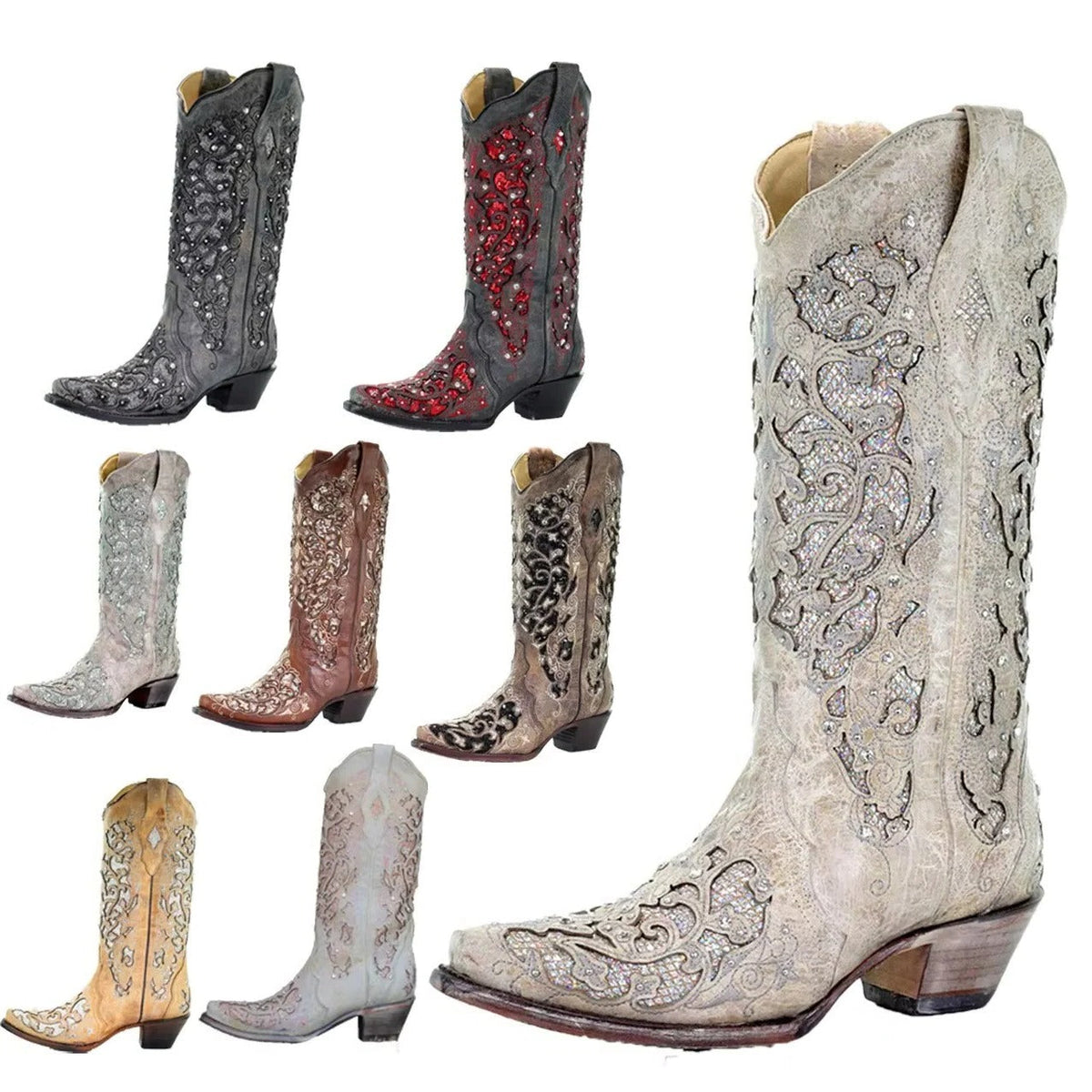 Sequined Knee High Boots with Pointed Toe and Block Heel, Color Block Embroidery