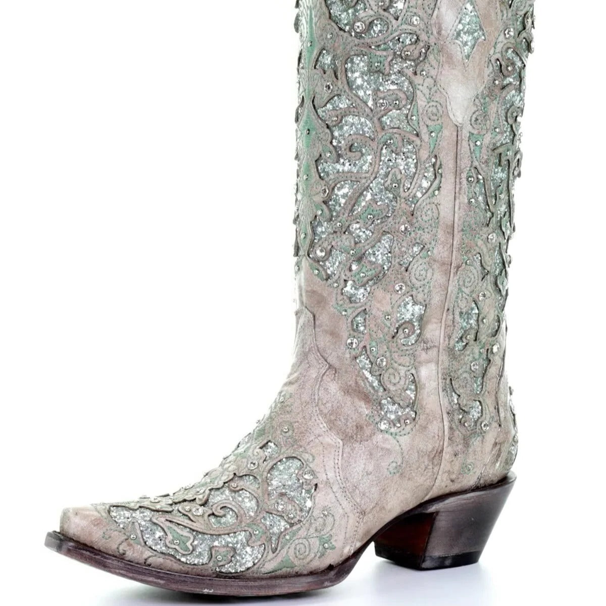 Sequined Knee High Boots with Pointed Toe and Block Heel, Color Block Embroidery