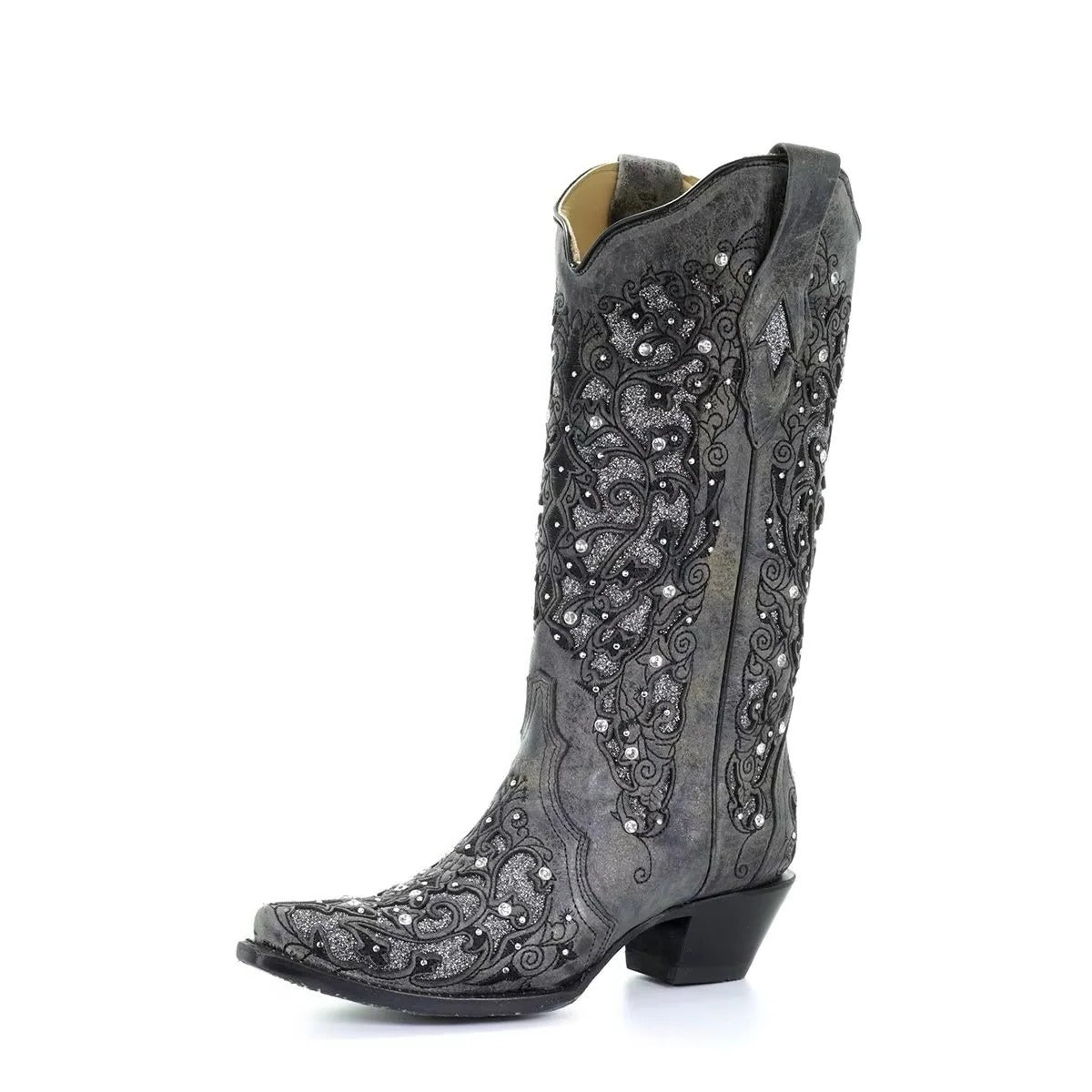 Sequined Knee High Boots with Pointed Toe and Block Heel, Color Block Embroidery